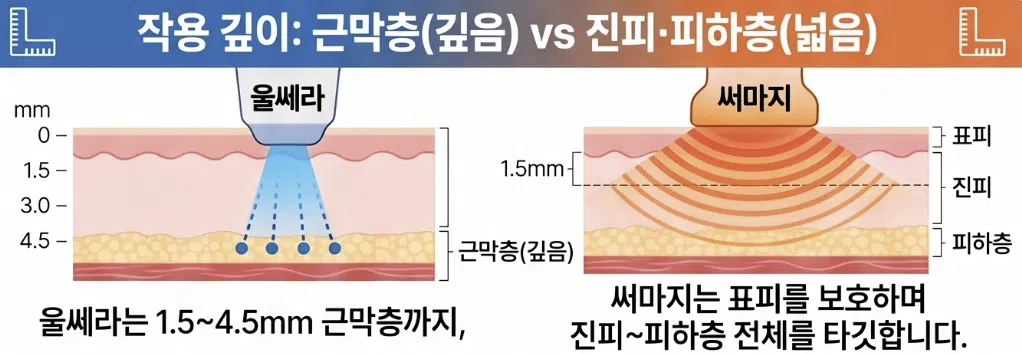 울쎄라와 써마지는 원리가 어떻게 다른가요? 4 울쎄라와 써마지는 작용 원리가 어떻게 다른가요?